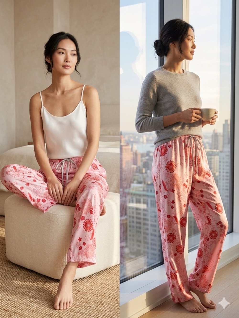 August Moon Silk 100% Pink Printed Pajama Pants , Large